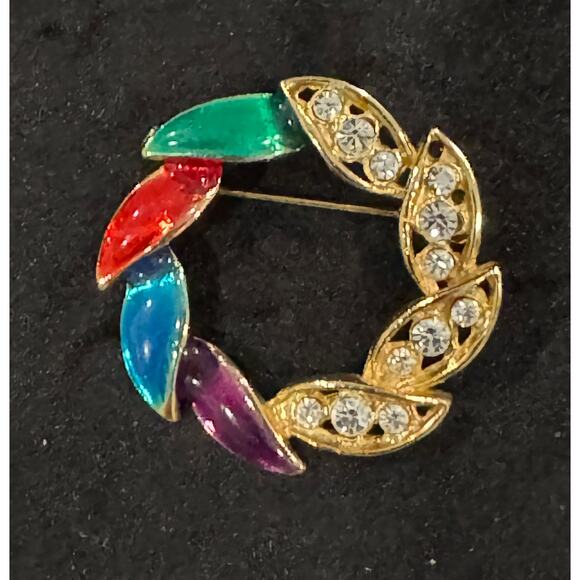 Vintage Multicolor Enamel & Rhinestone Wreath Pin Gold Tone 1.25” Brooch - Picture 2 of 3